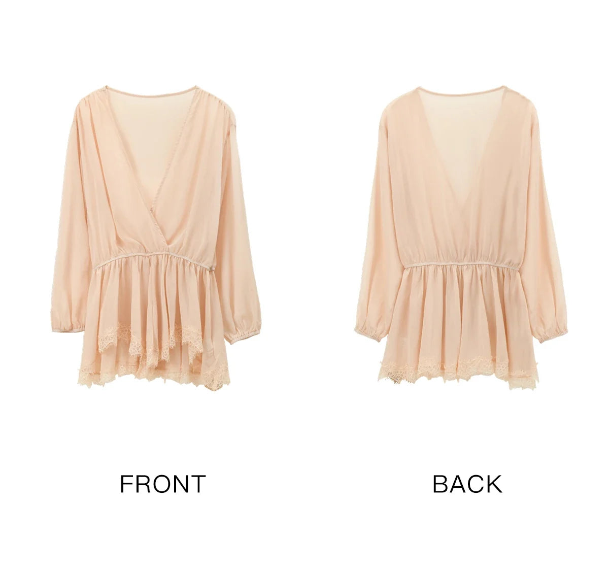 Women's French Style Beige Sheer Chiffon Blouse V Neck Lace Trim Elastic Waist Peplum Top For Spring Summer MXF16T1588