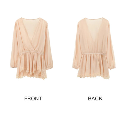 Women's French Style Beige Sheer Chiffon Blouse V Neck Lace Trim Elastic Waist Peplum Top For Spring Summer MXF16T1588