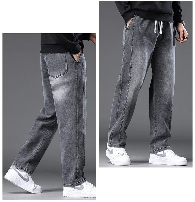 Autumn Winter Blue Jeans Men Drawstring Elastic Waist Cotton Cargo Denim Pants Work Fashion Thick Trousers Male Plus Size M-4XL