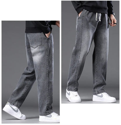 Autumn Winter Blue Jeans Men Drawstring Elastic Waist Cotton Cargo Denim Pants Work Fashion Thick Trousers Male Plus Size M-4XL