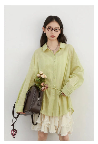 Women Shirt Textured Cotton Striped Waist Shirt Long Sleeves Female Sun Protection Blouses  Spring  Summer 2026