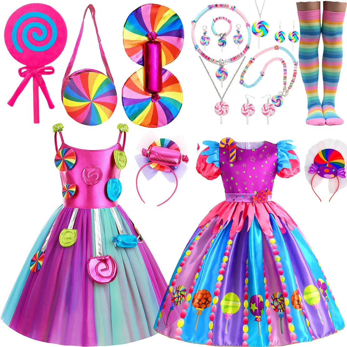 2025 Purim Festival Suspender Rainbow Dress For Girl Candy Lollipop Costume Party Gift Candy Dress + Lollipop Accessories Suit