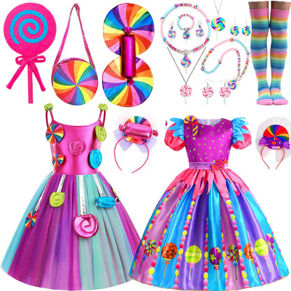 2025 Purim Festival Suspender Rainbow Dress For Girl Candy Lollipop Costume Party Gift Candy Dress + Lollipop Accessories Suit