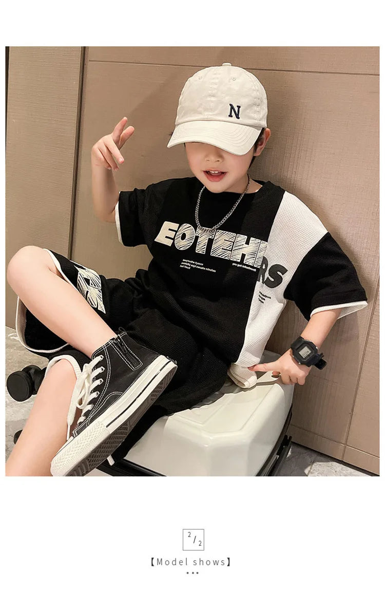 Summer Boys Contrast Patchwork Alphabet Waffle Tee Tops+Shorts Pant School Kids Tracksuit Child 2PCS Outfit Workout Set 5-16 Yr