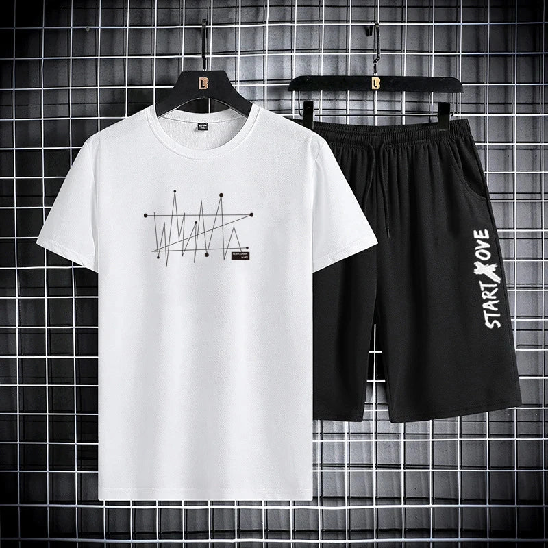 2025 Summer Outdoor Sports Suit Men's Short-sleeved Shorts Casual Fashion Two-piece Set Breathable Quick-drying Fitness Clothes