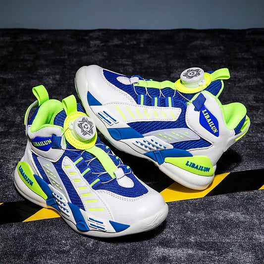 Kids Sneakers Basketball Shoes Boys Spring Fashion Rotating Button Anti-slip Shock Absorption School Students Sports Shoes