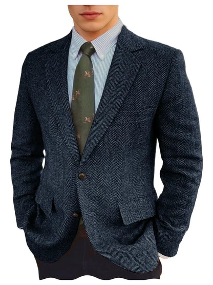 Men's Grey Herringbone Tweed Blazer Classic-Fit Notched Lapel Casual Jacket Slim Fit Business Wedding Suit Coat Plus Size