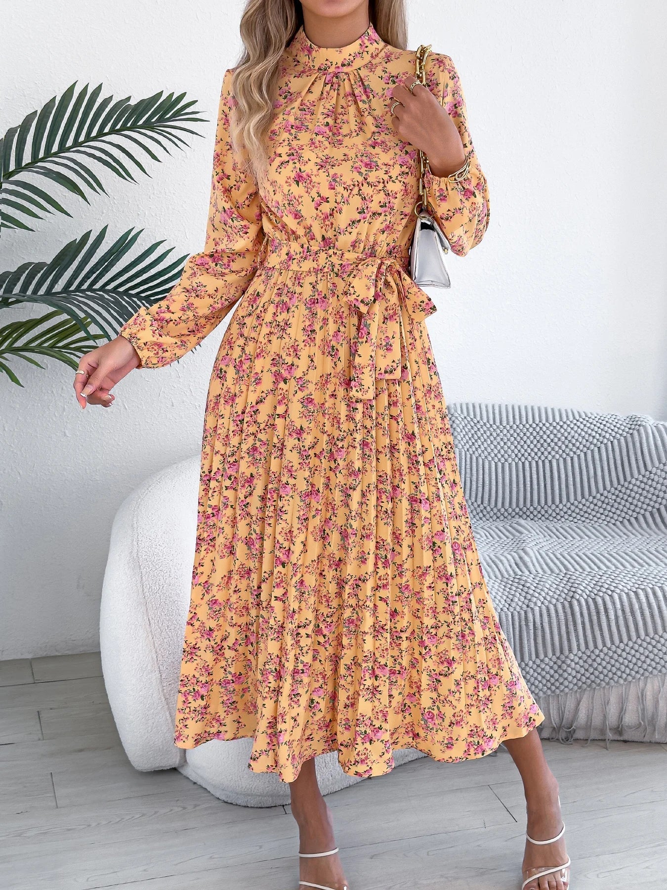 Floral Stand Up Collar Bridesmaid Dress 2026 Spring Summer Elegant Long Sleeve Waist Cinched Pleated Dresses Valentine's Day