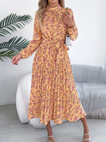 Floral Stand Up Collar Bridesmaid Dress 2026 Spring Summer Elegant Long Sleeve Waist Cinched Pleated Dresses Valentine's Day
