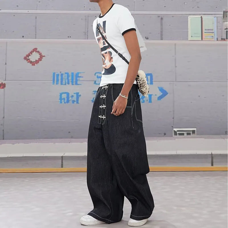 Street Retro Men's Jeans Straight Leg Pants Airplane Buckle Baggy Silhouette Curved Knife Jeans High Waisted Casual Denim Pants
