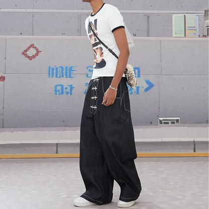 Street Retro Men's Jeans Straight Leg Pants Airplane Buckle Baggy Silhouette Curved Knife Jeans High Waisted Casual Denim Pants
