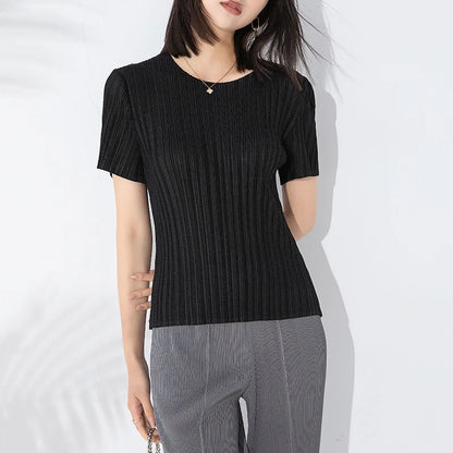 Miyake Pleated Short Sleeve Women's 2023 Summer New Thin Stretch Crew Neck All-Matching Slim Fit Pleated Hollow T-shirt Women