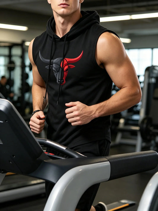 Men's Spring Summer Sleeveless Hoodie Tank, Black Red Bull Print Quick Dry Breathable Workout Vest, Gym Streetwear