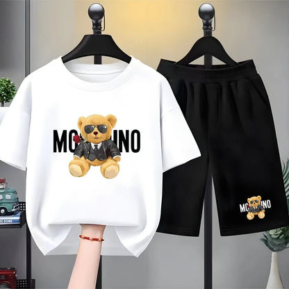 Fashion Letter Bear Print Children Summer Clothing Tshirt+Shorts Black Boy Girl Red Toddler 3-12Yrs Leisure Short-Sleeved Set