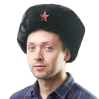Soviet Badge Ushanka Men Winter Bomber Hats CCCP Pilot Faux Rabbit Fur Earflap Army Trapper Trooper Hat Russia Snow Cap