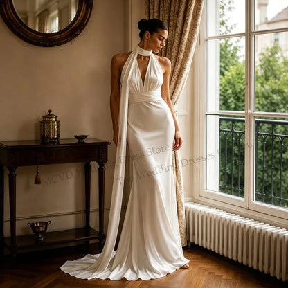 Halter Neck Satin Mermaid Wedding Dress Deep V Neck Backless Bridal Gown Long Ribbon Civil Wedding Reception Dress Customized