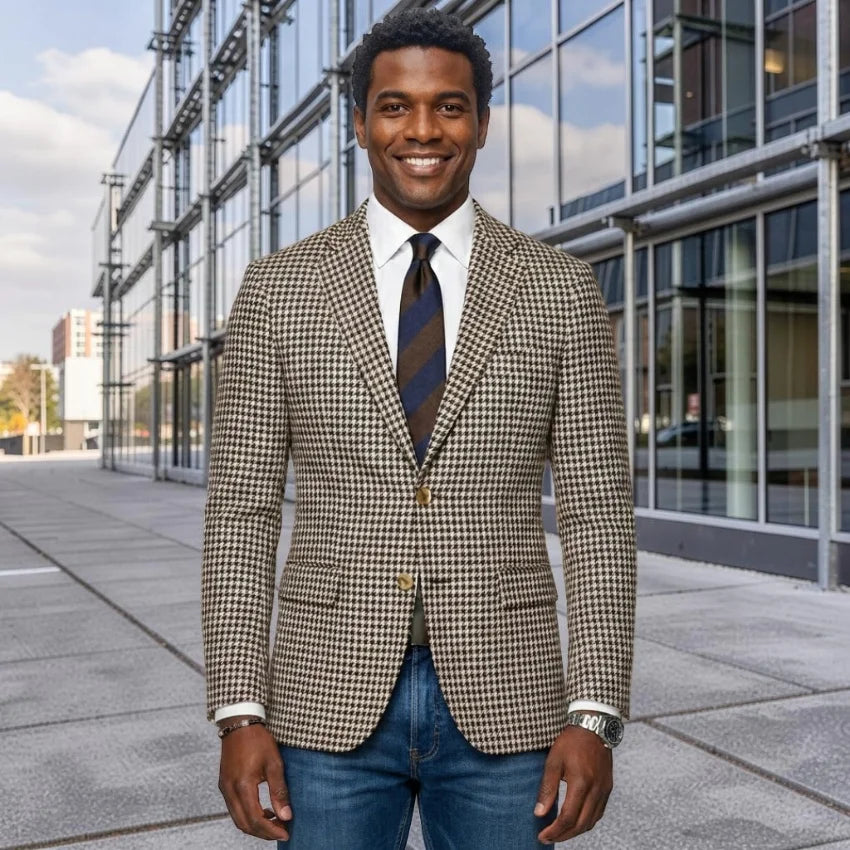 1 Piece Blazer for Men 2 Side Slit Houndstooth Plaid Casual Style Man Suit Jacket Notched Lapel Male Fashion Suit XS-5XL