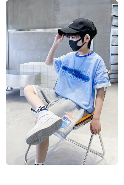 Summer Boys Cotton Alphabet Embossing t-Shirt Tops+Drawstring Short Pants Set School Kids Tracksuit Child Outfit Suit 5-16 Years