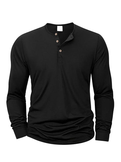 Men's Henery Neck Button Long Sleeve T Shirt Solid Color Spring Summer Breathable Tshirt Fashion Casual Slim Tops Classic Shirts