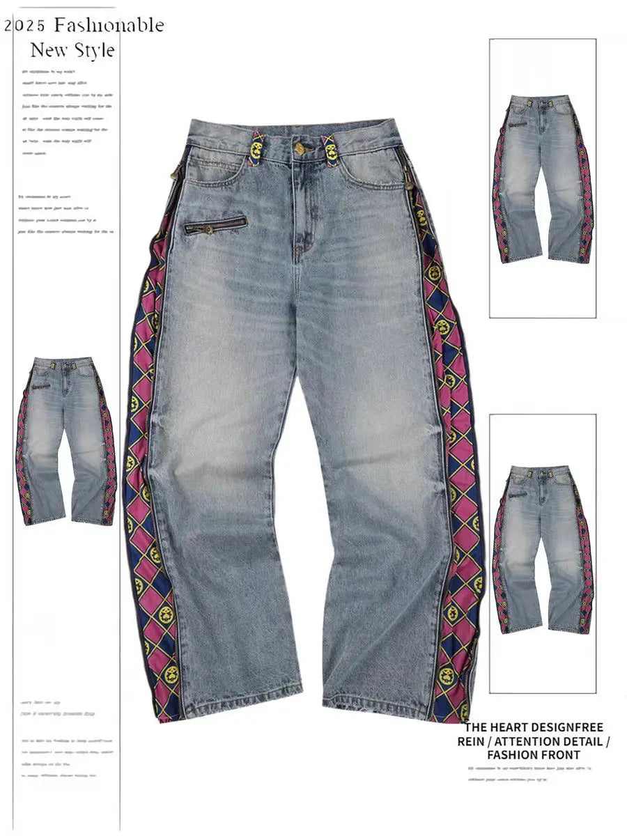 American Sle Zipper Plaid Printed Patchwork Loose Jeans For Men And Women Fashion High Waist Casual Vintage Straight Jeans