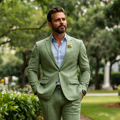 Beige Linen Men Suits 2 Pieces Summer Wedding Suits Slim Fit Casual Formal Blazer Pants Set For Groom Prom Party suit for men
