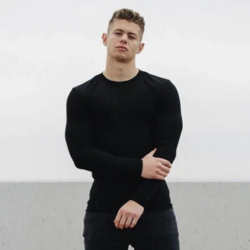 Plain Autunm Cotton Long Sleeve T-shirts Gym Clothing Bodybuilding Fitness Clothing Mens Casual Fashion Slim Fit Sports Shirts