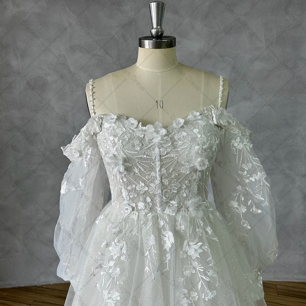 Customized Off Shoulder Lace Glitter Wedding Dresses Long Puff Sleeve 3D Flowers Boho Bride Gown 2026 Vestidos De Novia
