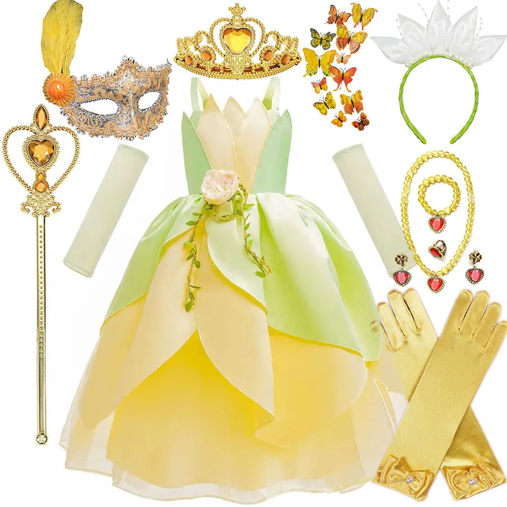 Girls Cosplay Tiana Yellow Short-Sleeved Fluffy Princess Dress For Girl Birthday Party Princess Dress With Accessories