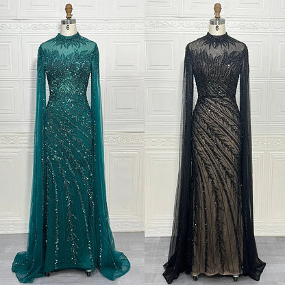 Luxury Saudi Arabia Mermaid Beaded Cape Sleeves High-Neck Evening Dresses 2025 Dubai Party Gowns for Women Wedding Customized