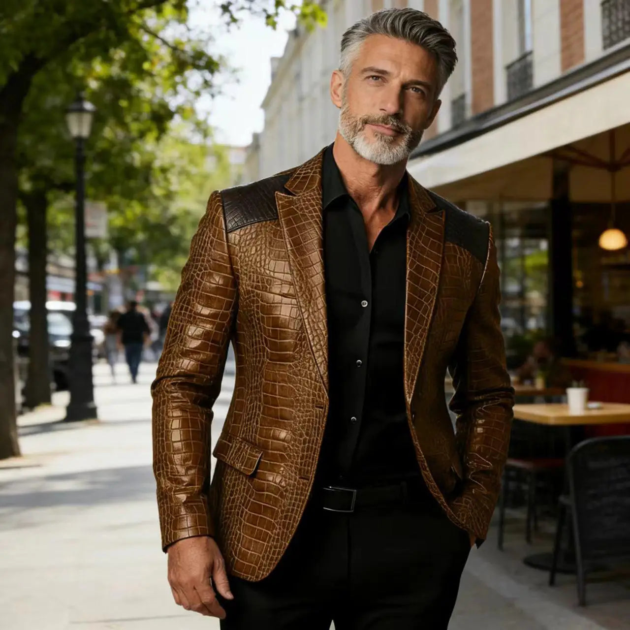 Men's Crocodile Pattern Leather Blazer Patchwork PU Leather Suit Jacket Notched Lapel Slim Fit Business Casual Coat Outerwear