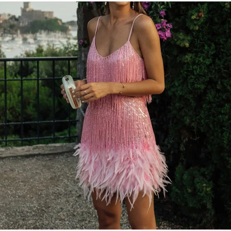 2025 New Sexy Tassel Sequins Feather Mini Dress Women Spaghetti Strap Stitching Dresses Female Elegant Evening Party Club Dress