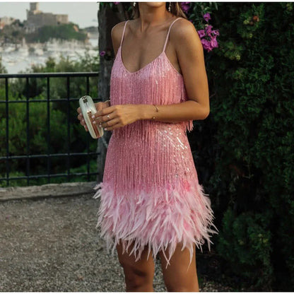 2025 New Sexy Tassel Sequins Feather Mini Dress Women Spaghetti Strap Stitching Dresses Female Elegant Evening Party Club Dress