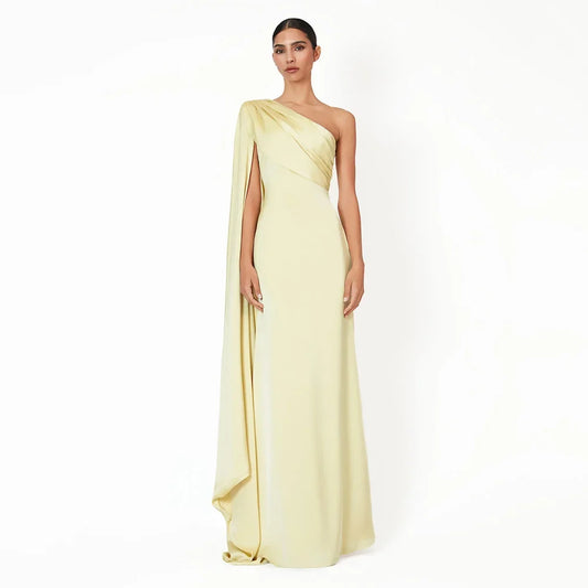 Customized Light Yellow Evening Dress One Shoulder Draped Mermaid Evening Gowns for Women Sleeveless Elegant Wedding Party Gown