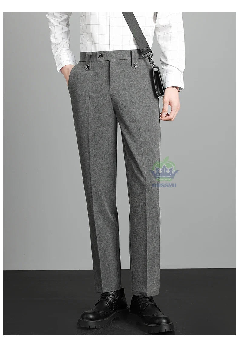 Brand High Quality Business Suit Ankle Length Pants Men Grey Khaki Waist Design Work Office Formal Long Trousers Male