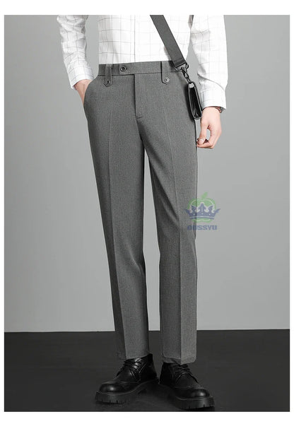 Brand High Quality Business Suit Ankle Length Pants Men Grey Khaki Waist Design Work Office Formal Long Trousers Male