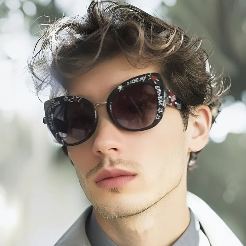 Ins 2025 New Hand-drawn Graffiti Sunglasses Unique Text Personality Fashion Sun Glasses Women Men Cat Eye Gafas De Sol UV400