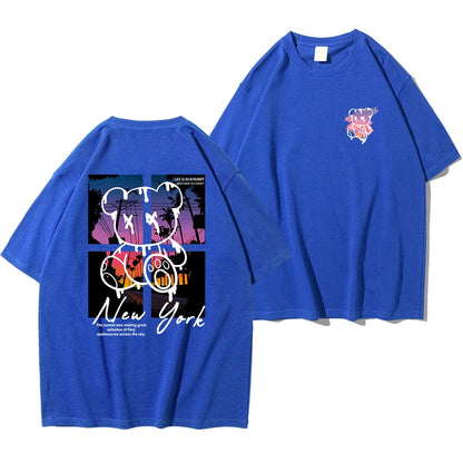 New York Art Word Cartoon Bear Sunset Scenery Design T Shirts Men Fashion Cotton Shirt Loose Summer T Shirts Oversized Tee
