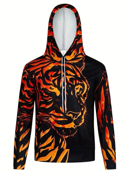 Men's 3D Tiger Graphic Hoodie, Active Slightly Stretch Breathable Hooded Sweatshirt For Outdoor 2023 Autumn and Spring Fashion