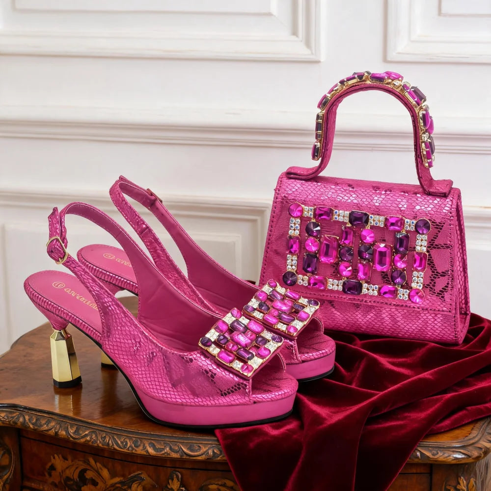 Fashion Party Shoes and Bag Match for Women Latest Italian Matching Shoes and Bag Set  with Rhinestone Heeled Shoes Woman