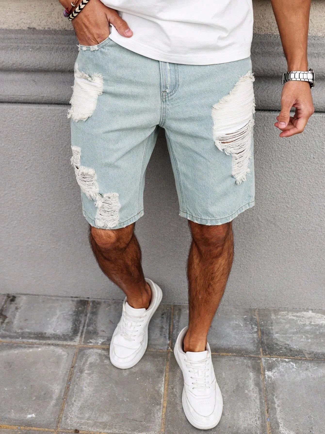 Men's Light Blue Ripped Denim Shorts, Summer Casual Streetwear Loose Straight-Leg Denim Shorts