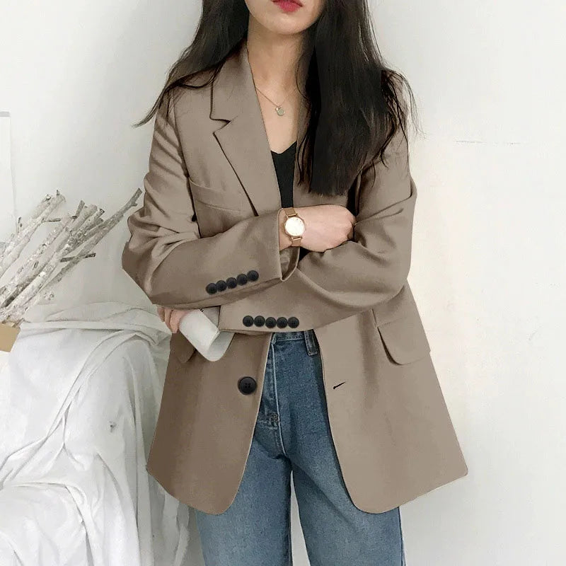 Elegant Women's Blazer Jacket Black Long Sleeve Button-Up Notch Lapel Office Jackets Woman Casual Solid Color with Pocket Blazer