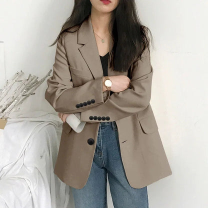 Elegant Women's Blazer Jacket Black Long Sleeve Button-Up Notch Lapel Office Jackets Woman Casual Solid Color with Pocket Blazer
