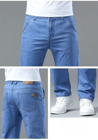 Men's Ice Silk Jeans Summer New Lyocell Thin Business Casual Denim Pants Classic All Match Slim Fit Straight Elastic Jean Male