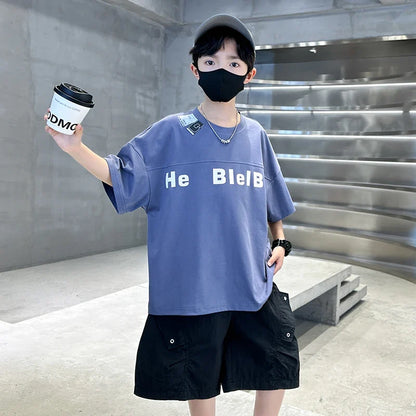 New Casual Boys Top and Bottom Clothes Set Summer Suit for Tween Children Clothing Kids Teenager Shorts Sleeve Tshirt Shorts Set