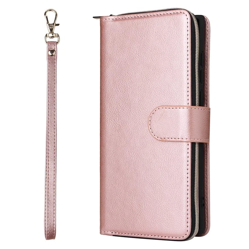 Double Layer Zipper Wallet Case with 9 Card Slots for iPhone 16 16E Pro Max 15 14 Plus13 12 Pro Max PU Leather Flip Cover