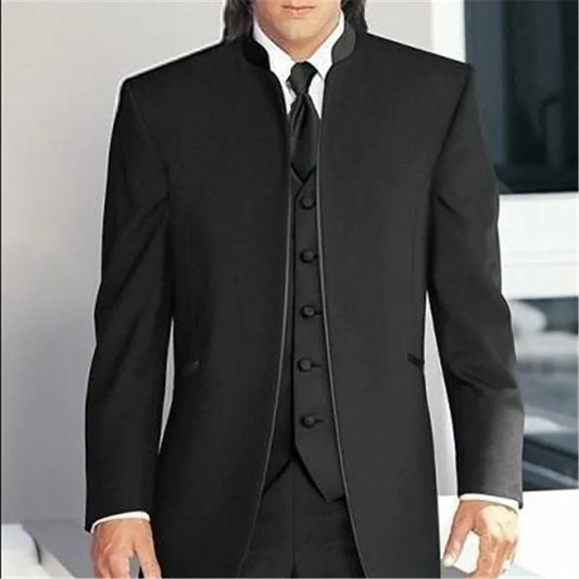 New Black Stand Collar Men Wedding Suits (Jacket+Pants+Vest) Custom Made Groom Tuxedos Best Man Wedding Grooms Disfraz De Hombre