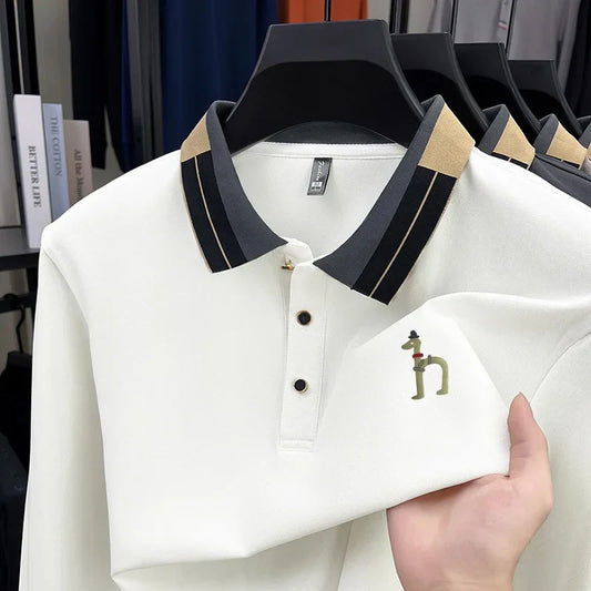 Original Design Men's Lapel Polo Shirt Autumn New Solid Color Print Long Sleeve T-Shirt High-End Business Leisure Men's Clothing