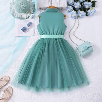 2025 Teen Girl Dress Summer Blue KIds Dresses Sleeveless Casual Vacation Elegant Mesh Children Princess Dress 7 8 9 10 11 12 Yrs