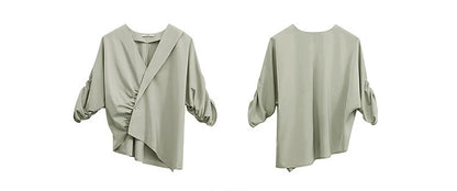 Women's Blouse 2026 Summer New V-Neck Asymmetric Pleated Mid Sleeve Shirt Relaxed Fit Office Casual Top For Women 12622117