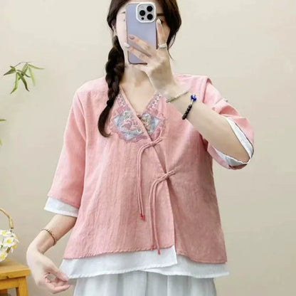 Casual Loose Blouse Shirt Women Clothes Summer Cotton Linen Ladies Tops Tee Blusas Vintage Embroidery Woman Shirt Camiseta Mujer